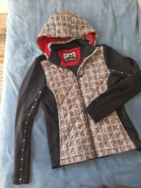 Alp N Rock Black & White Plaid Quilted Hooded Jacket with Red Lining